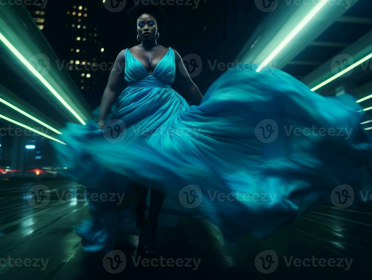 Plus size woman walking confidently through the vibrant neon lit streets AI Generative photo