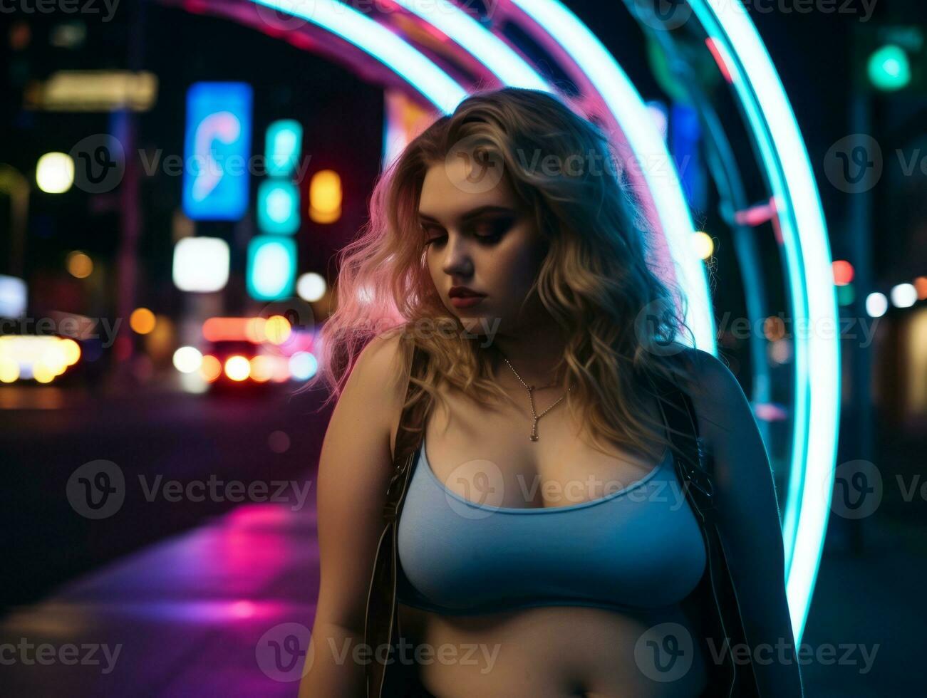 Plus size woman walking confidently through the vibrant neon lit streets AI Generative photo