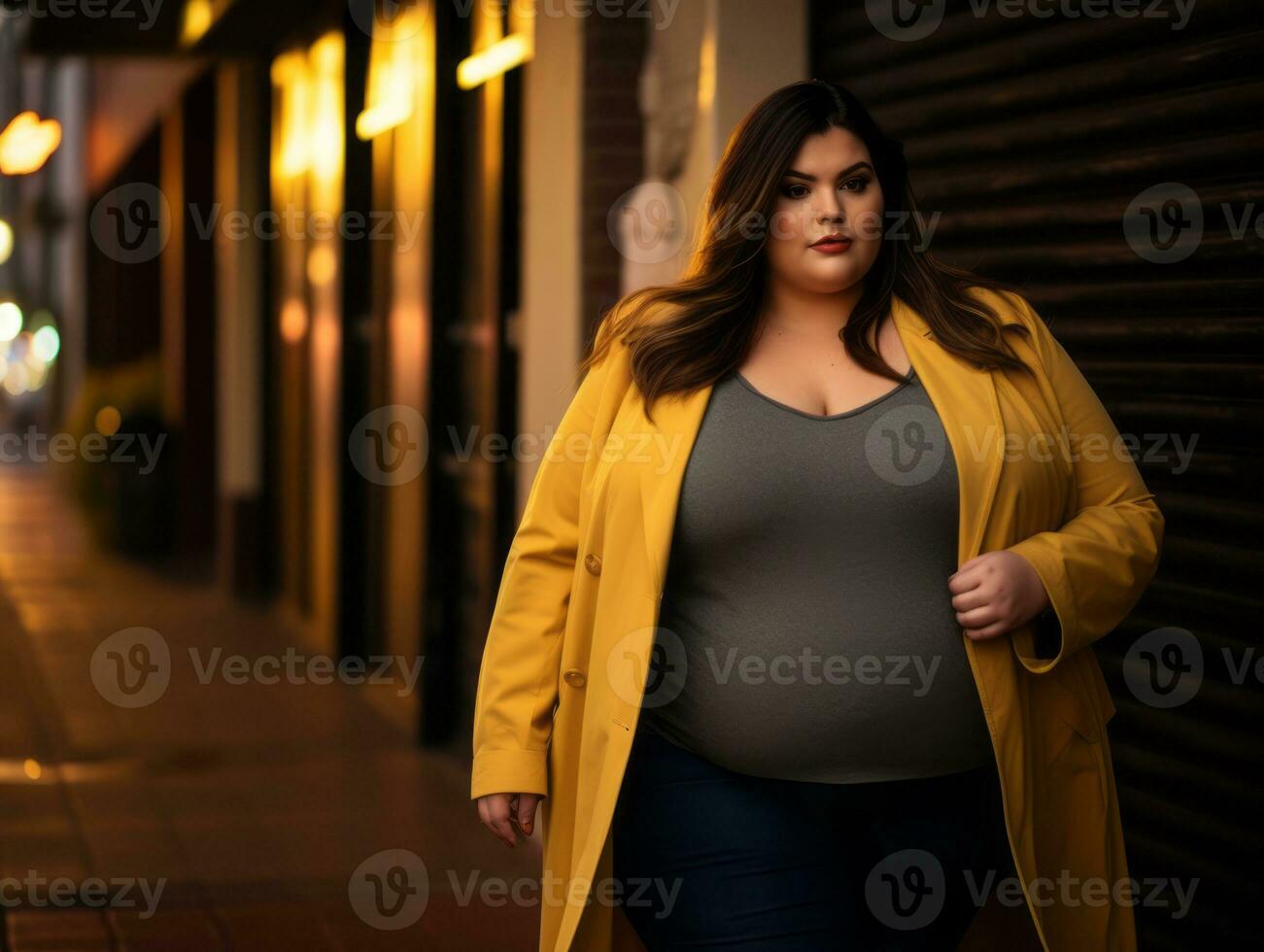 Plus size woman walking confidently through the vibrant neon lit streets AI Generative photo