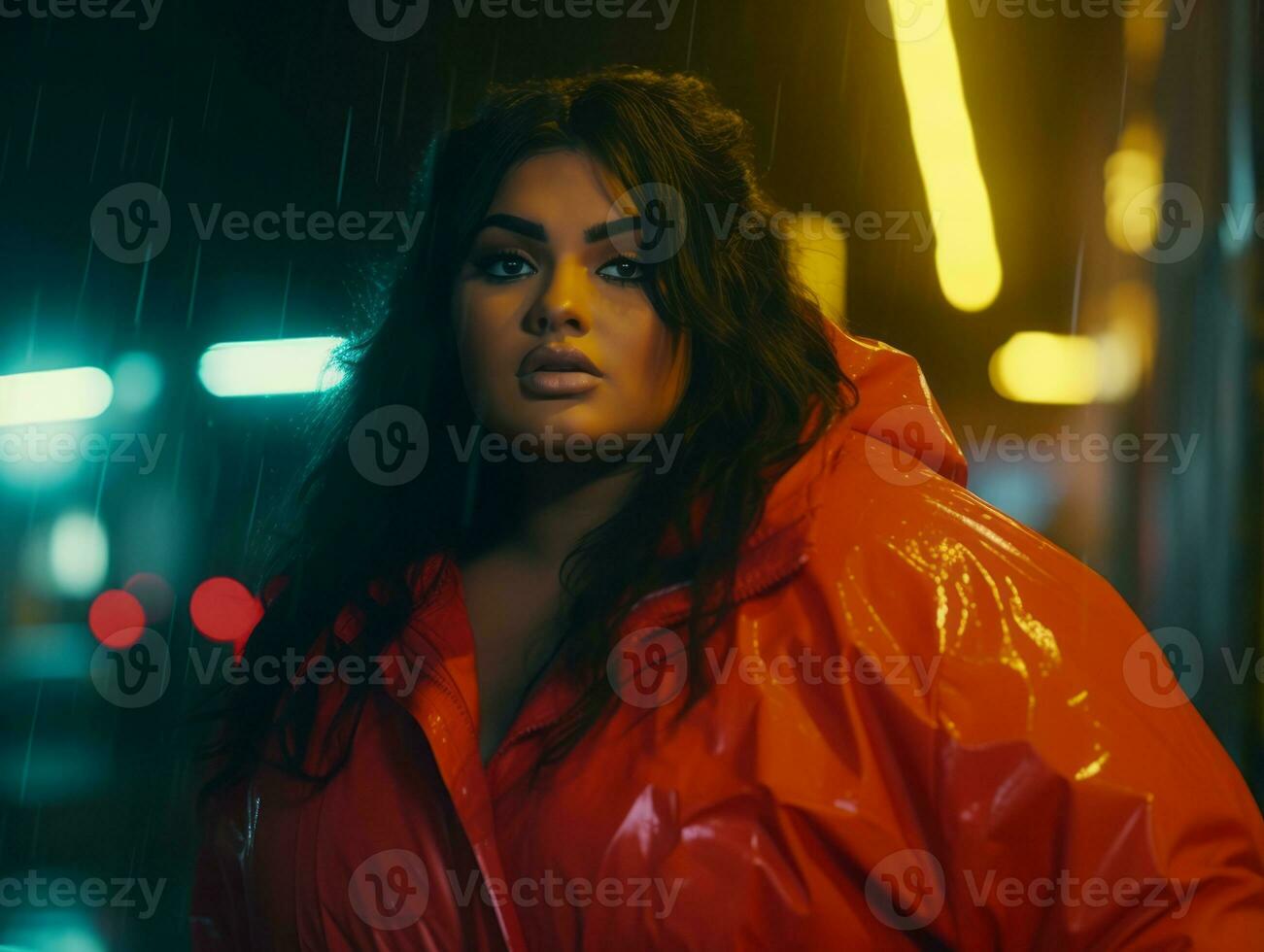 Plus size woman walking confidently through the vibrant neon lit streets AI Generative photo