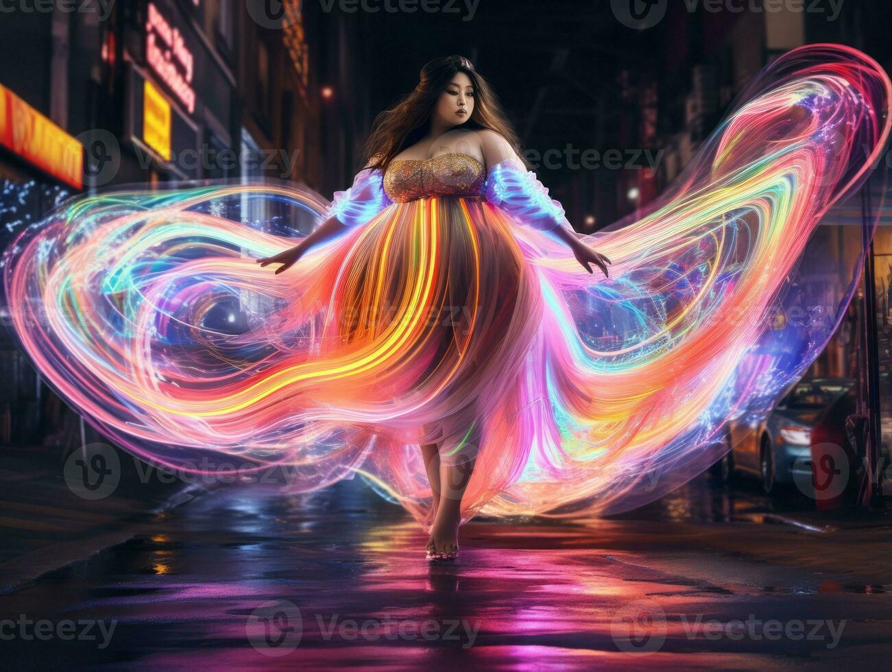 Plus size woman walking confidently through the vibrant neon lit streets AI Generative photo