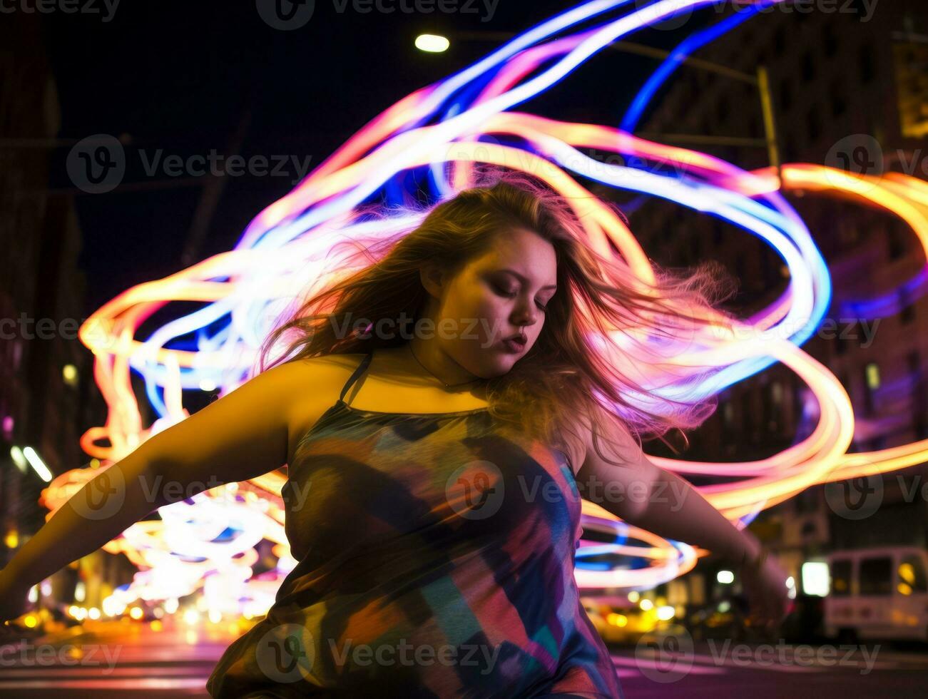 Plus size woman walking confidently through the vibrant neon lit streets AI Generative photo