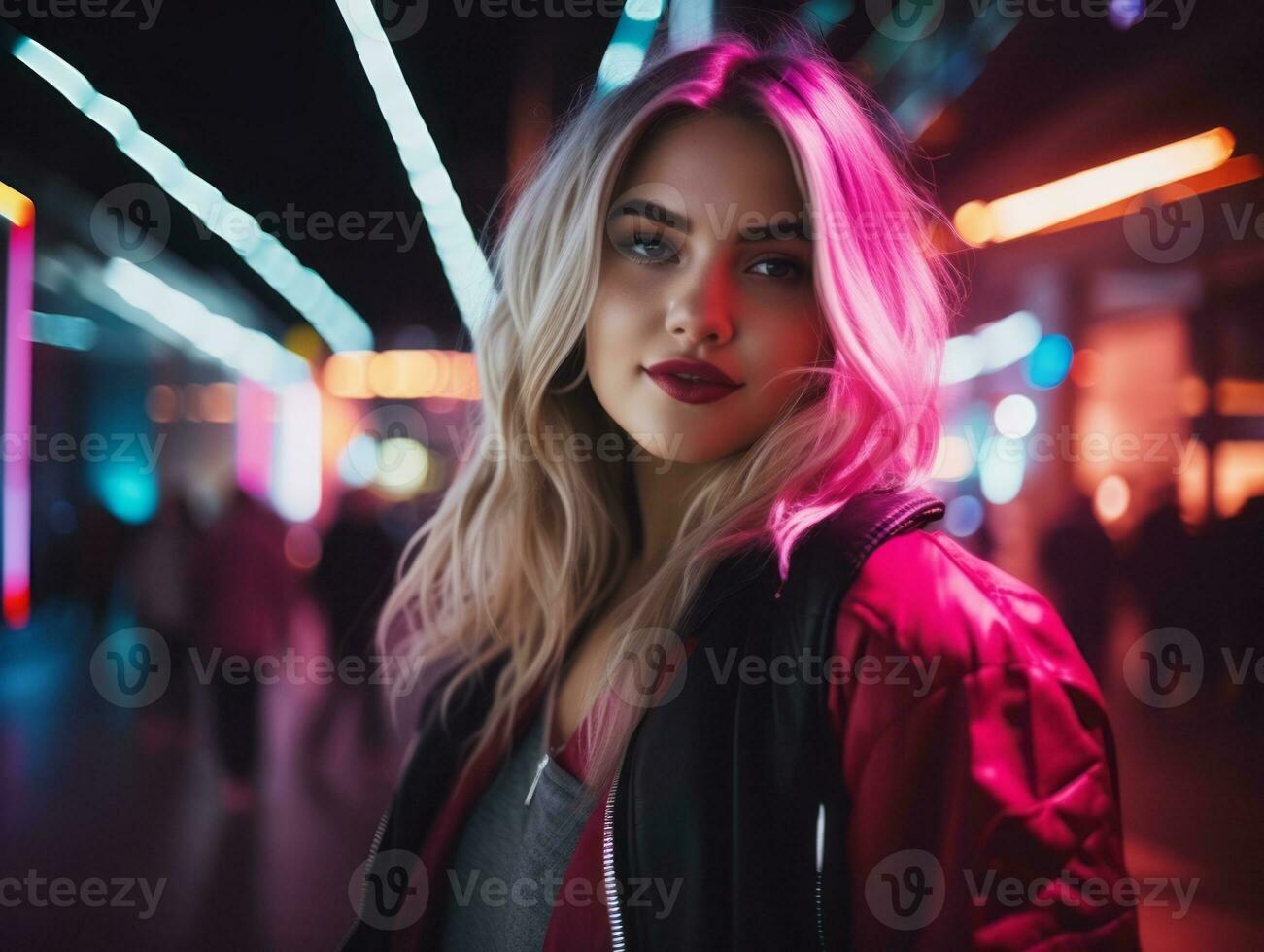 Plus size woman walking confidently through the vibrant neon lit streets AI Generative photo