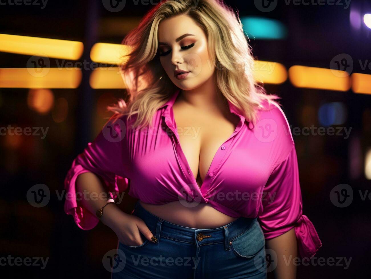 Plus size woman walking confidently through the vibrant neon lit streets AI Generative photo