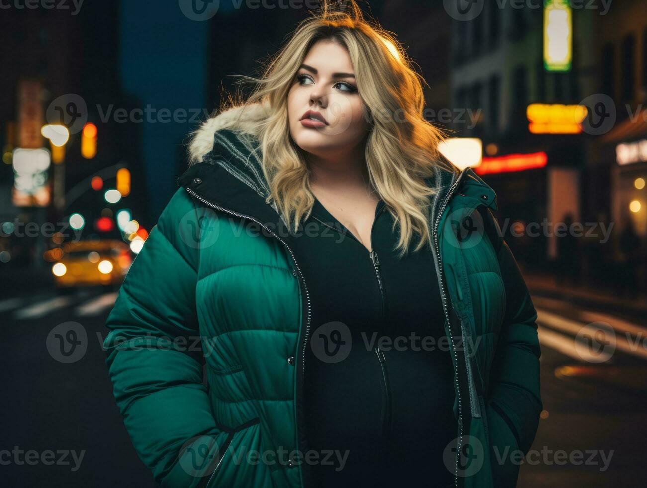 Plus size woman walking confidently through the vibrant neon lit streets AI Generative photo