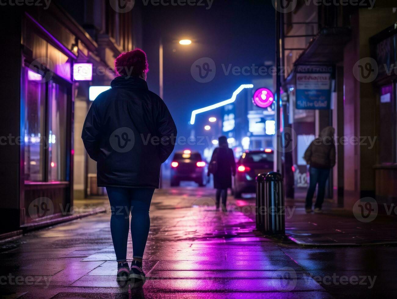 más Talla mujer caminando con confianza mediante el vibrante neón iluminado calles ai generativo foto