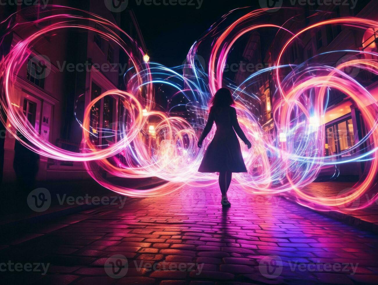 Plus size woman walking confidently through the vibrant neon lit streets AI Generative photo