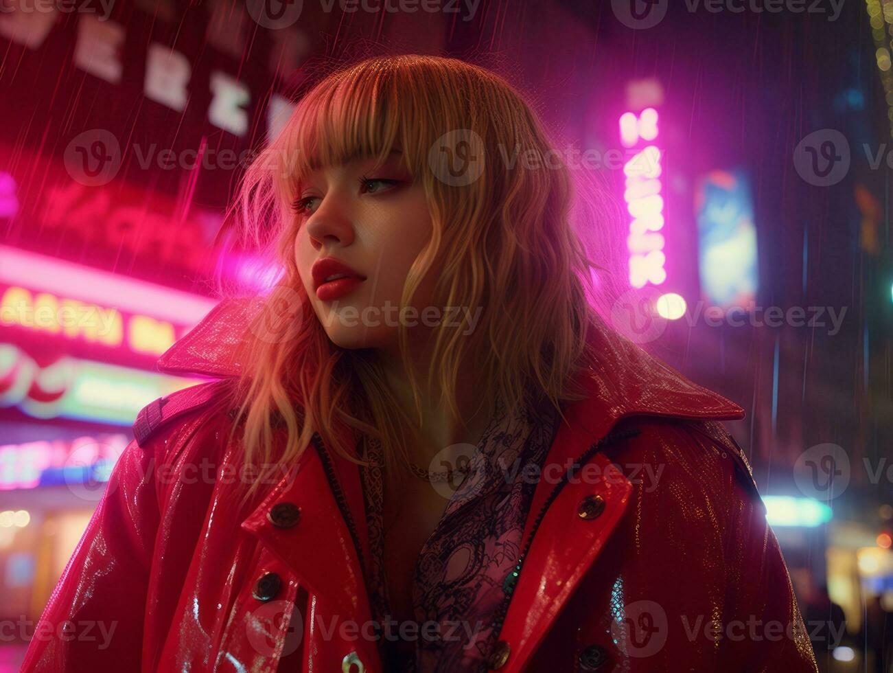 Plus size woman walking confidently through the vibrant neon lit streets AI Generative photo