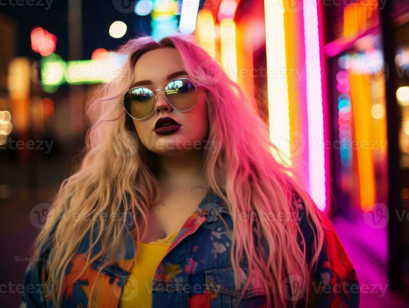 Plus size woman walking confidently through the vibrant neon lit streets AI Generative photo