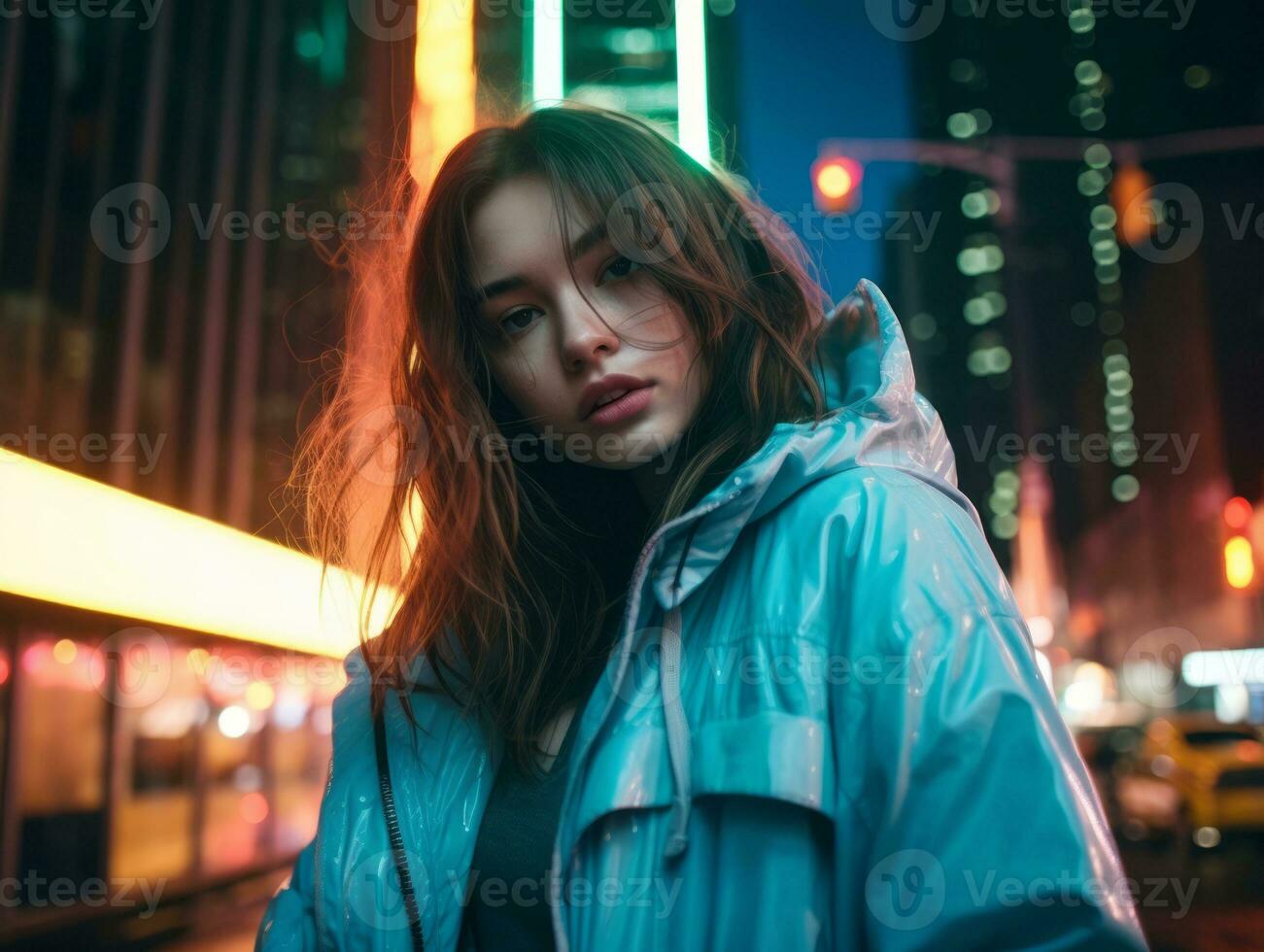 Plus size woman walking confidently through the vibrant neon lit streets AI Generative photo