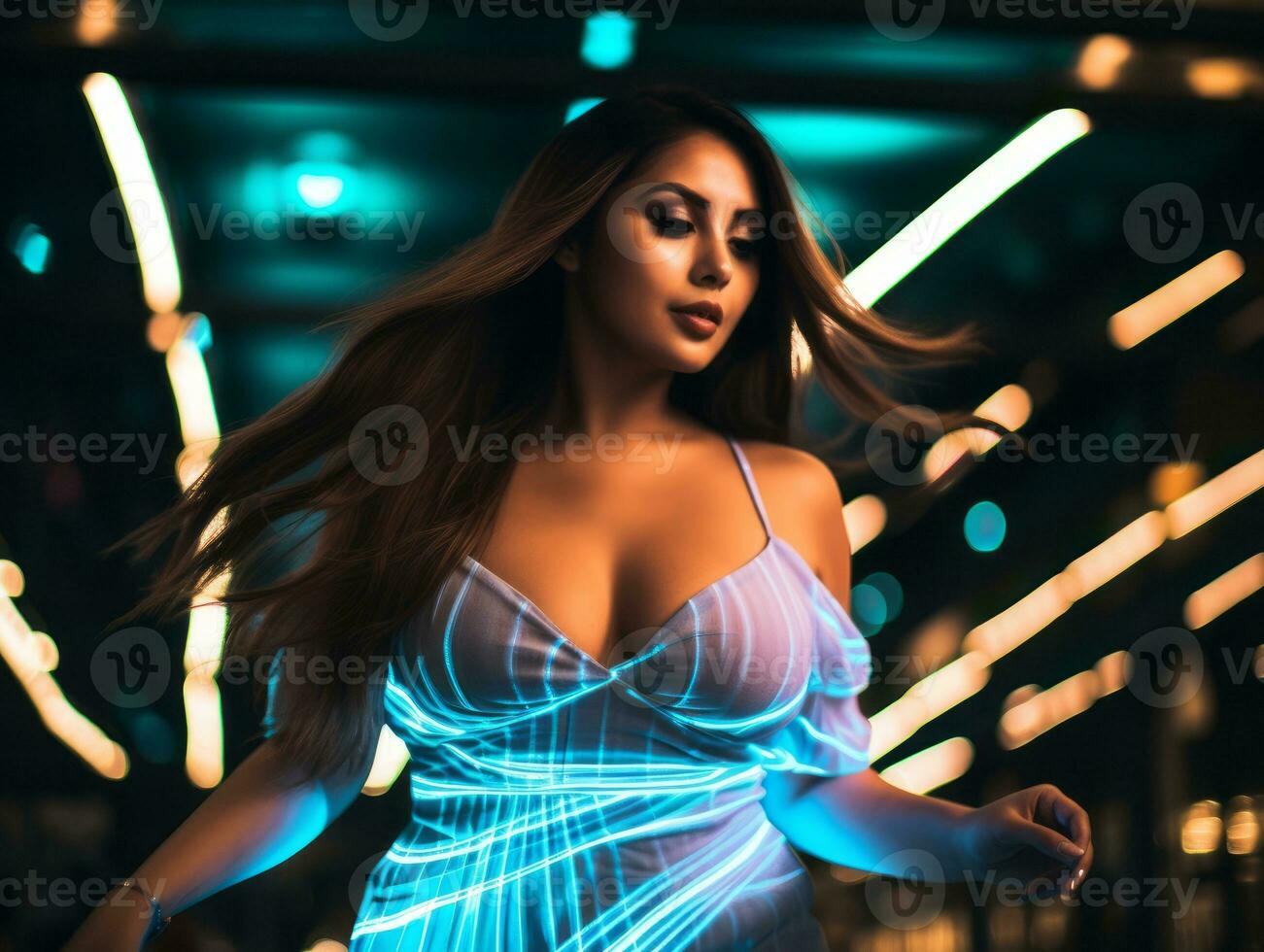 Plus size woman walking confidently through the vibrant neon lit streets AI Generative photo