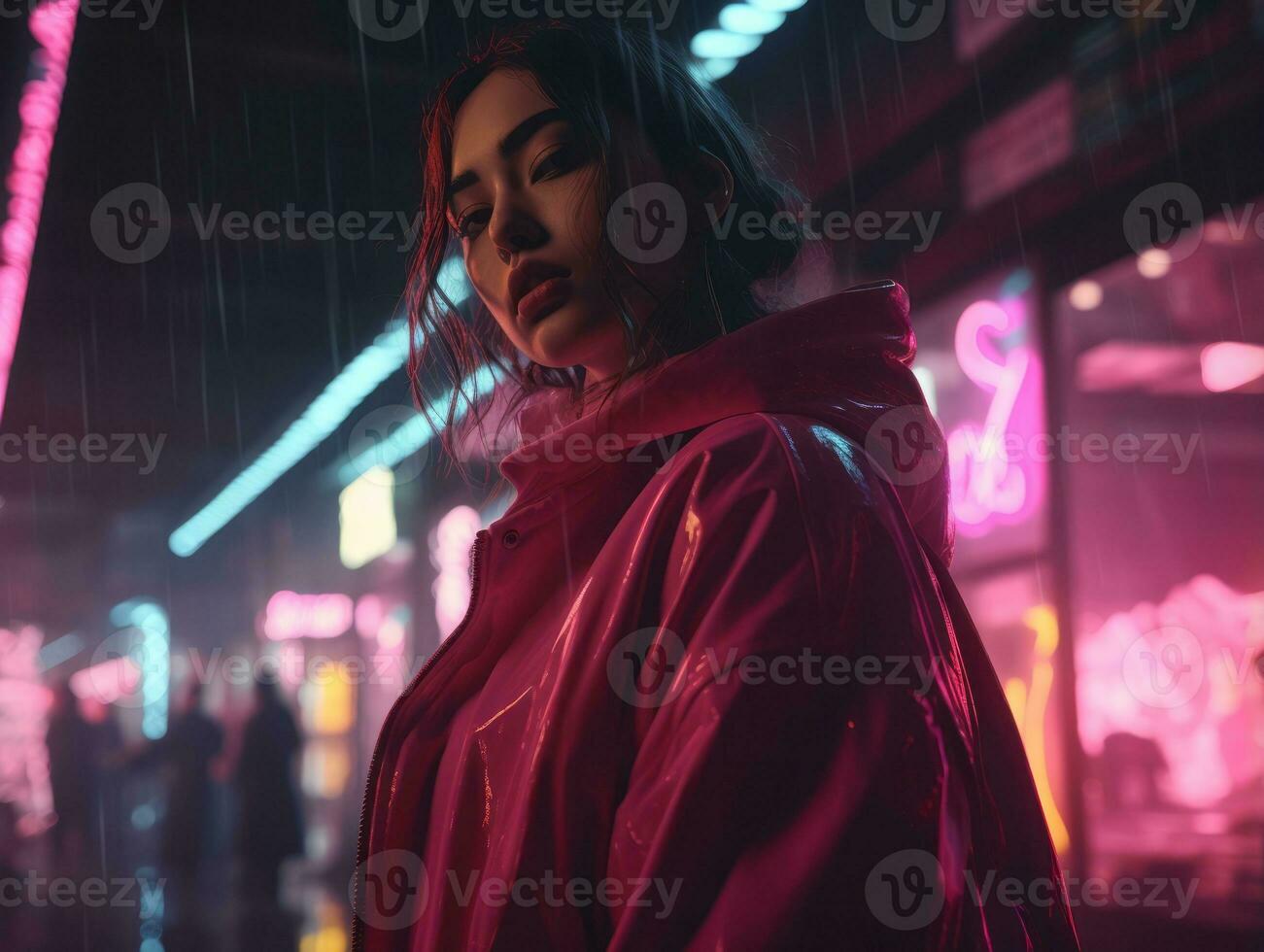 Plus size woman walking confidently through the vibrant neon lit streets AI Generative photo