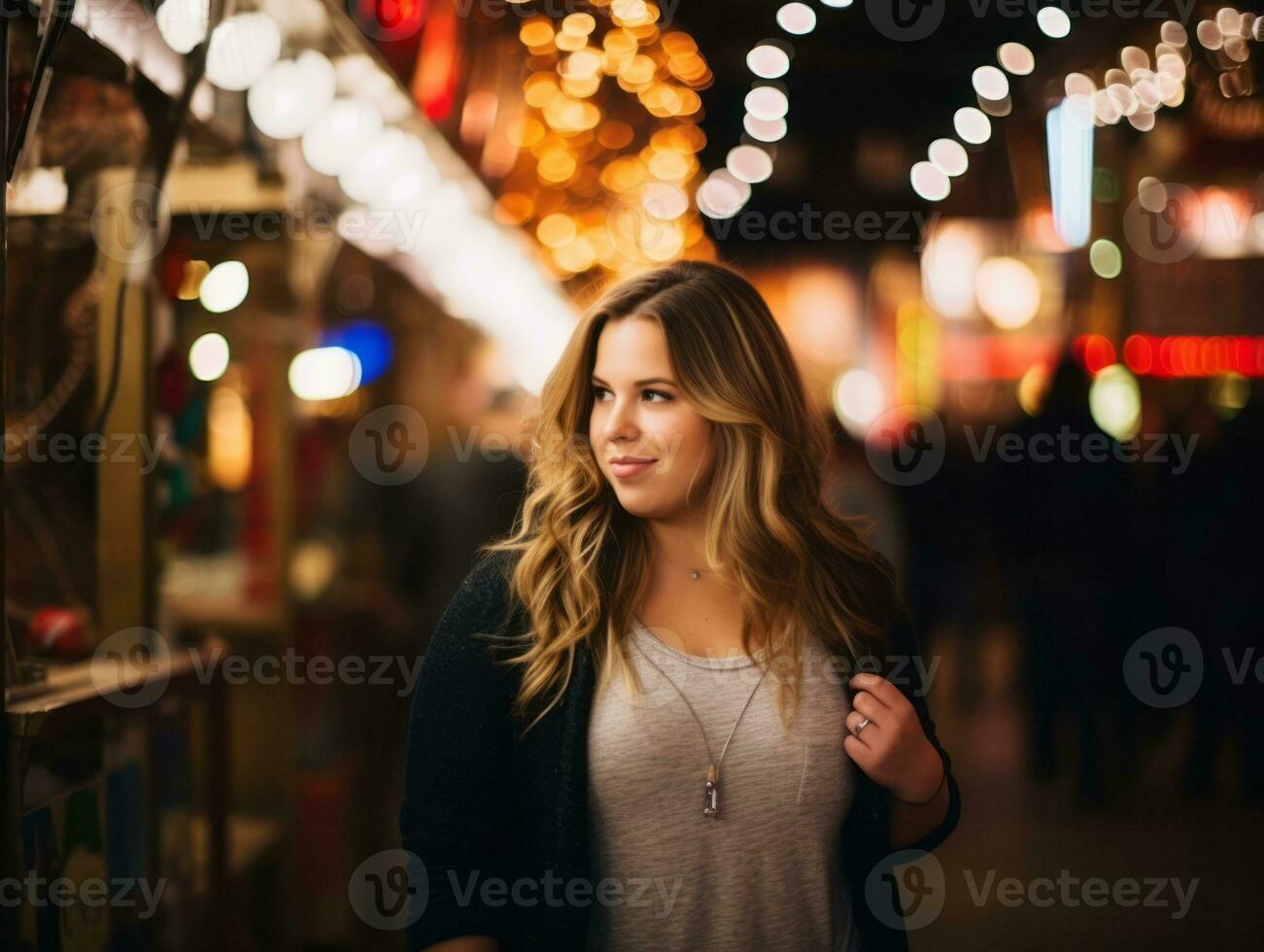 más Talla mujer caminando con confianza mediante el vibrante neón iluminado calles ai generativo foto