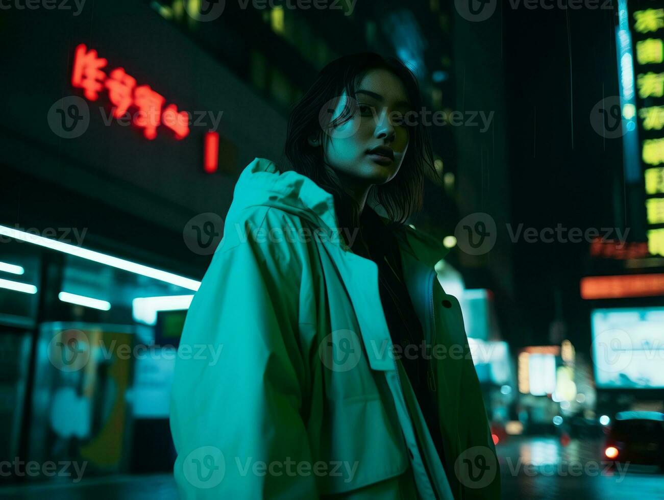 más Talla mujer caminando con confianza mediante el vibrante neón iluminado calles ai generativo foto