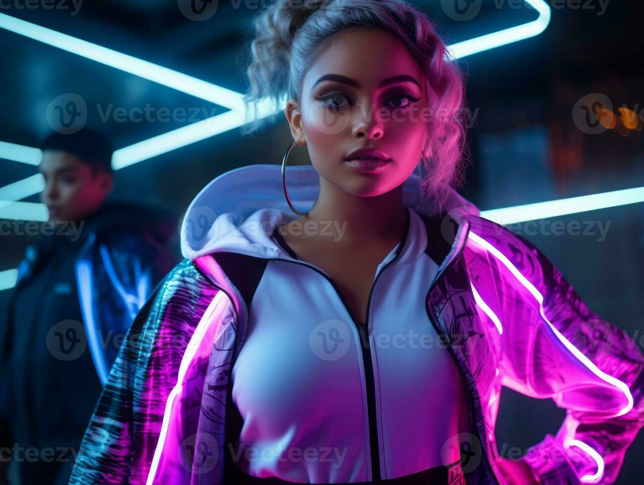 Plus size woman walking confidently through the vibrant neon lit streets AI Generative photo
