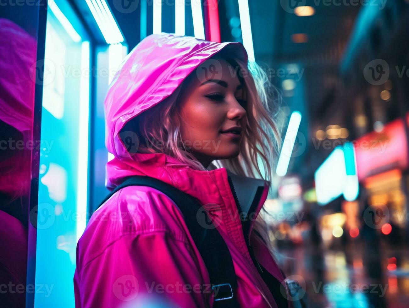 Plus size woman walking confidently through the vibrant neon lit streets AI Generative photo