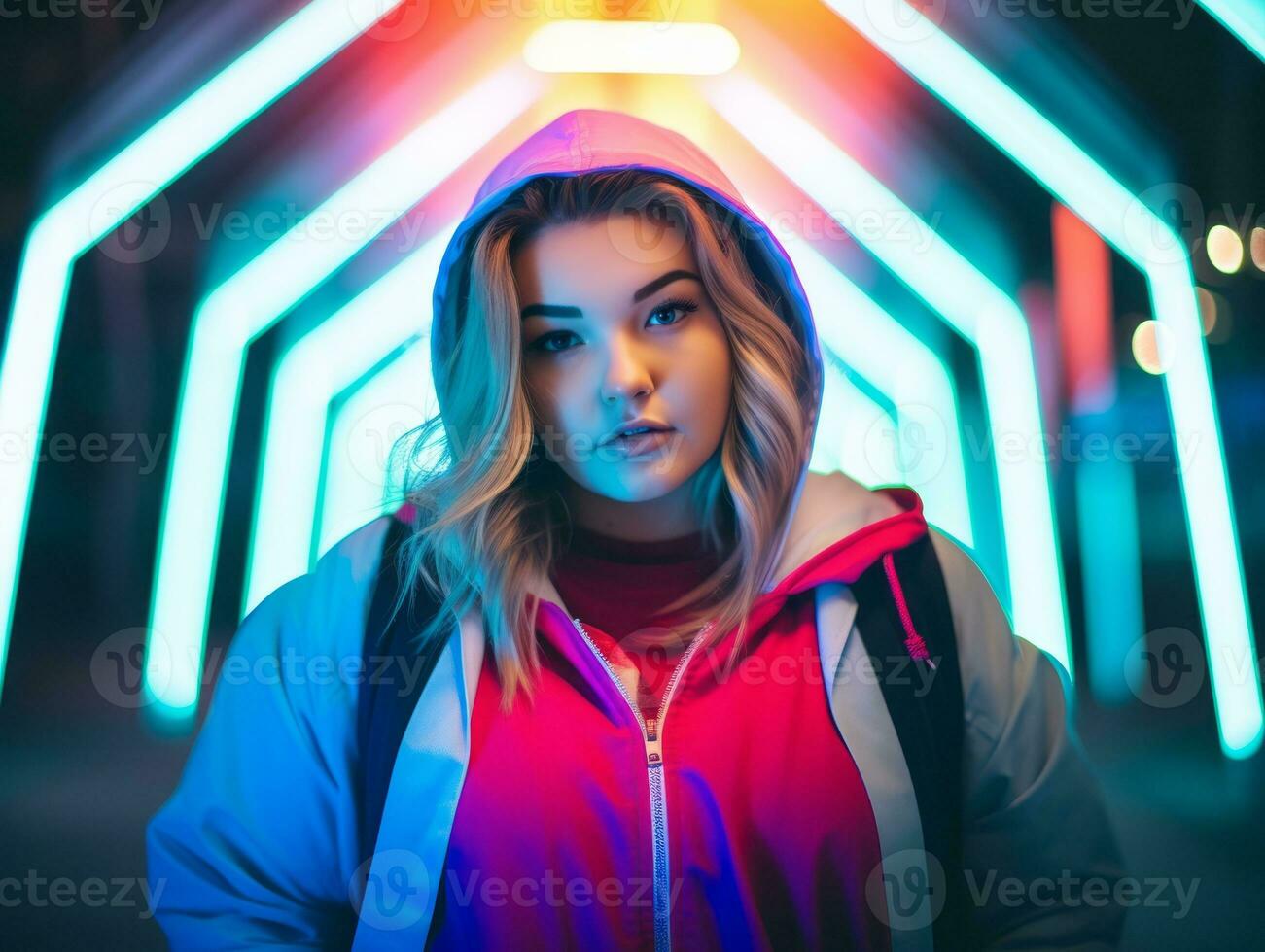 Plus size woman walking confidently through the vibrant neon lit streets AI Generative photo