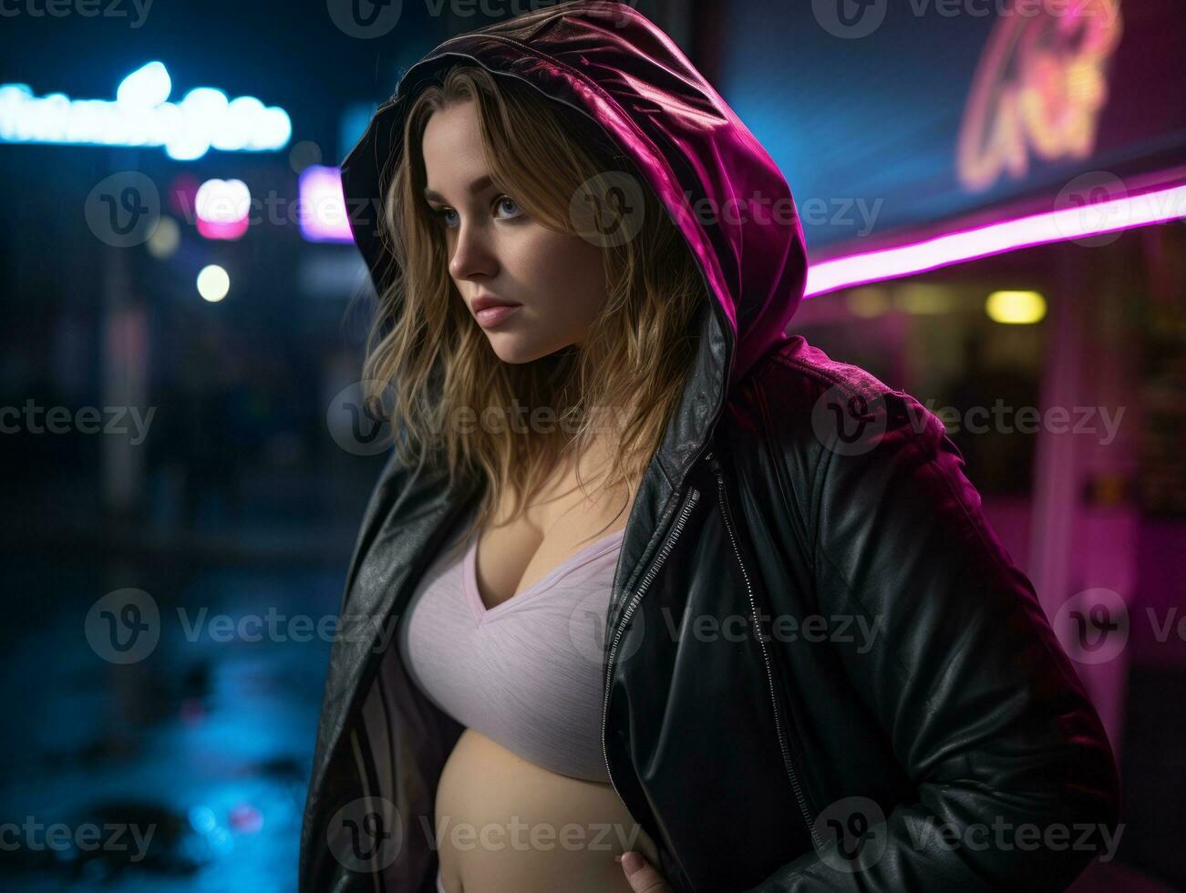 Plus size woman walking confidently through the vibrant neon lit streets AI Generative photo