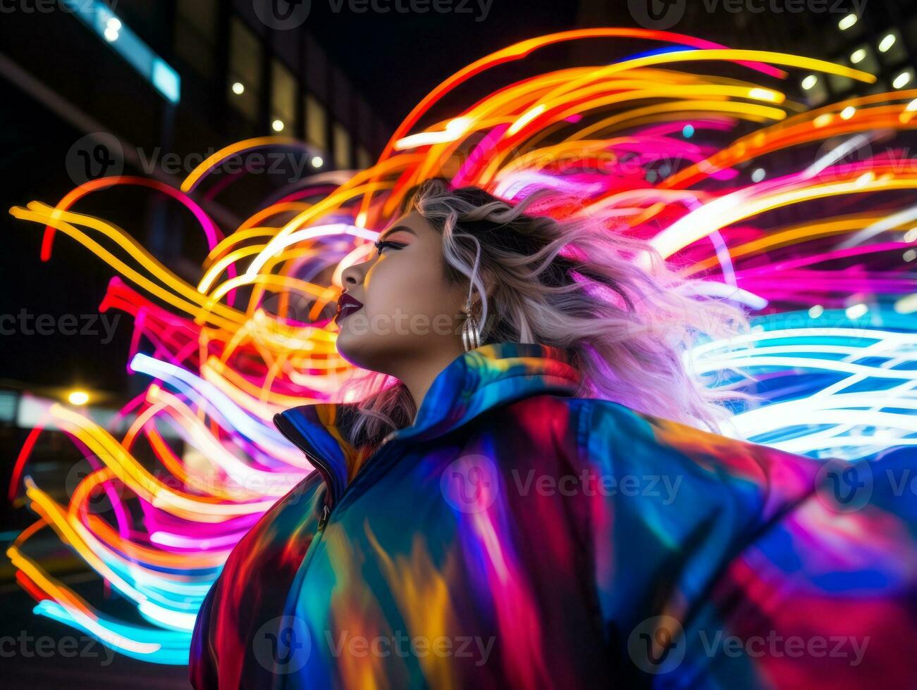 Plus size woman walking confidently through the vibrant neon lit streets AI Generative photo