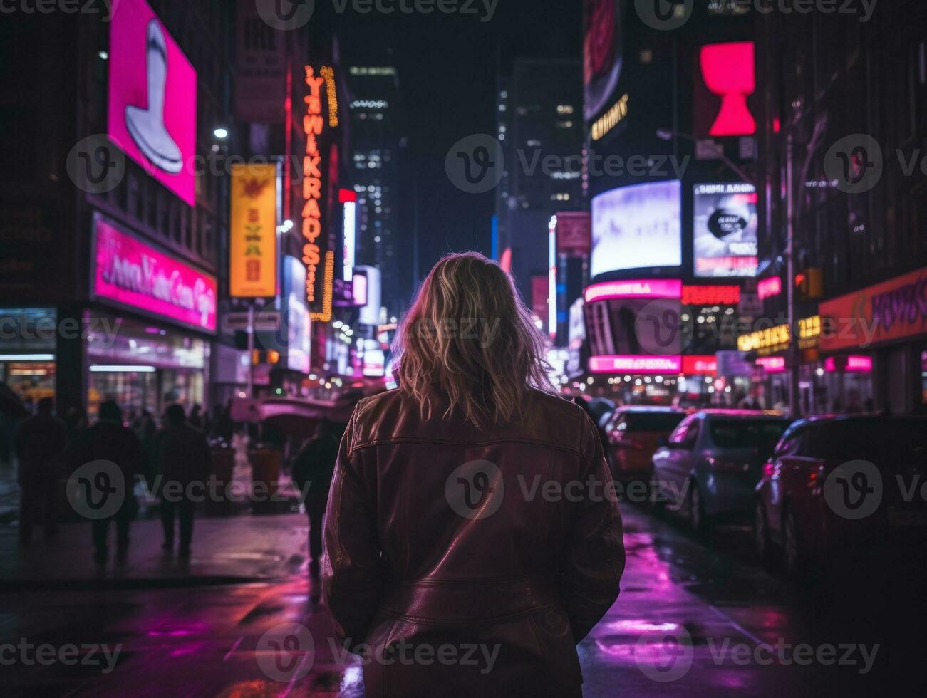 Plus size woman walking confidently through the vibrant neon lit streets AI Generative photo