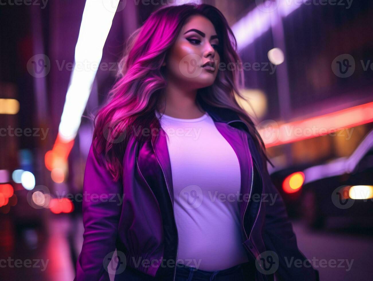 Plus size woman walking confidently through the vibrant neon lit streets AI Generative photo