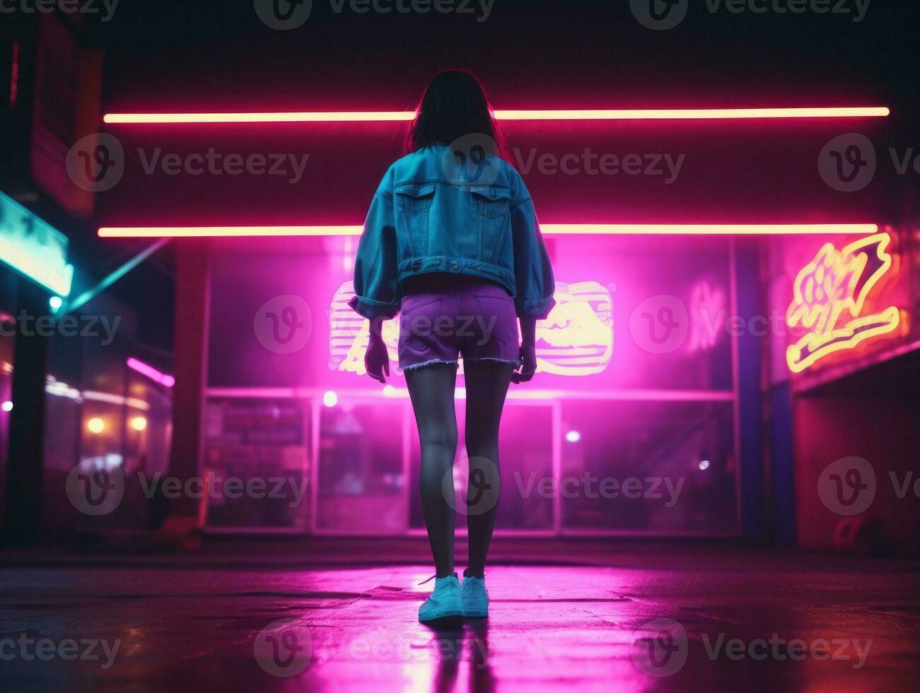 Plus size woman walking confidently through the vibrant neon lit streets AI Generative photo