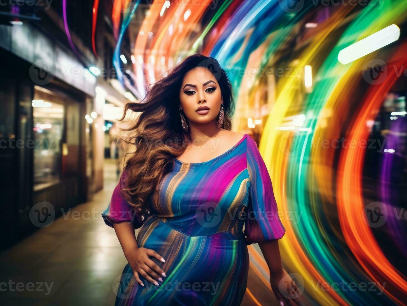 Plus size woman walking confidently through the vibrant neon lit streets AI Generative photo
