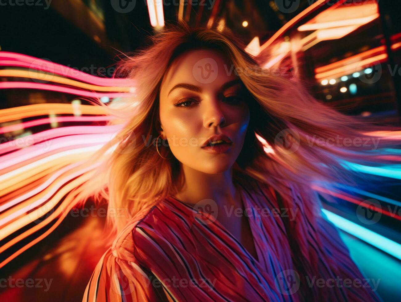 Plus size woman walking confidently through the vibrant neon lit streets AI Generative photo