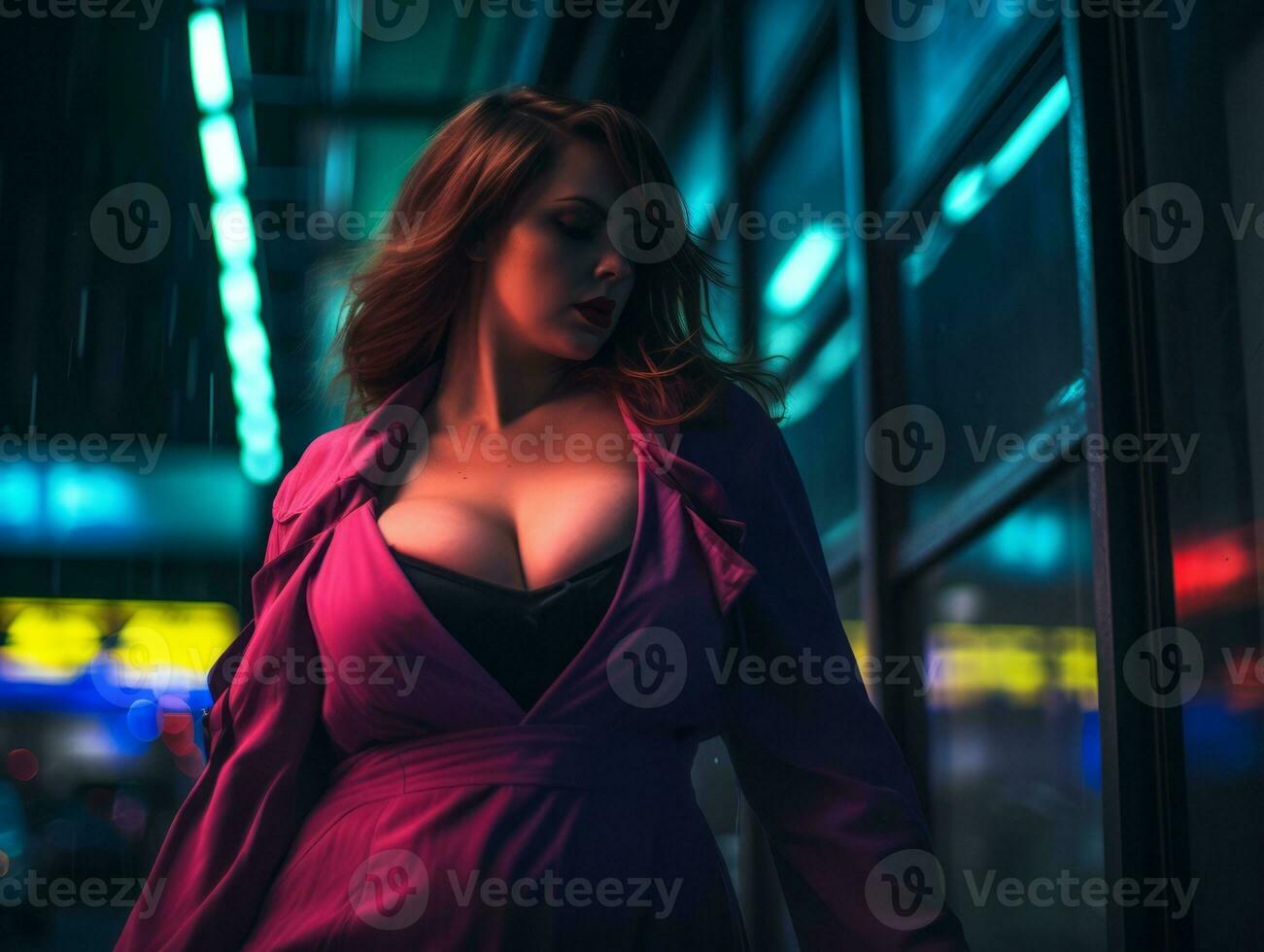 Plus size woman walking confidently through the vibrant neon lit streets AI Generative photo