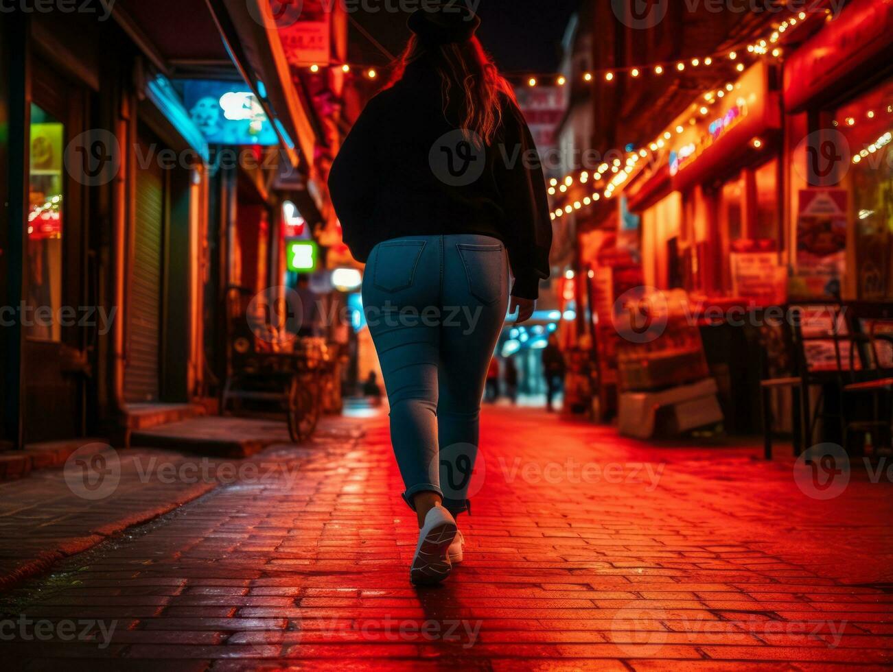 Plus size woman walking confidently through the vibrant neon lit streets AI Generative photo