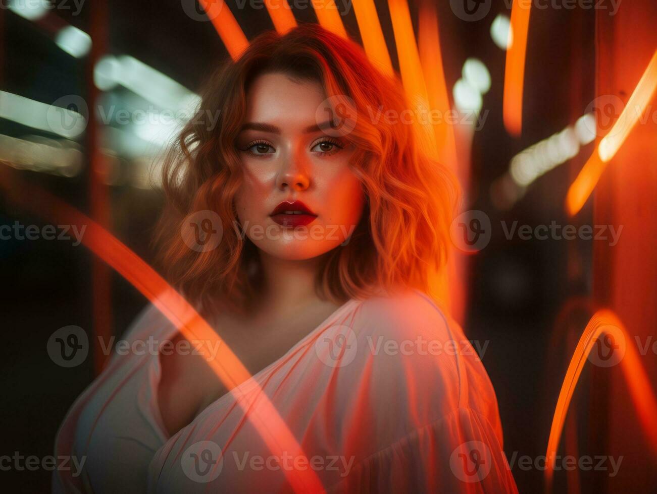 Plus size woman walking confidently through the vibrant neon lit streets AI Generative photo