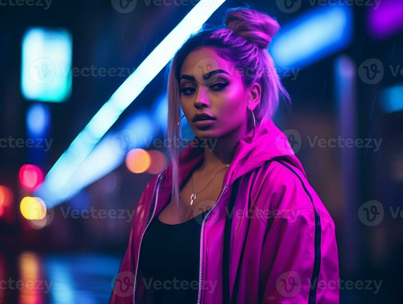 Plus size woman walking confidently through the vibrant neon lit streets AI Generative photo