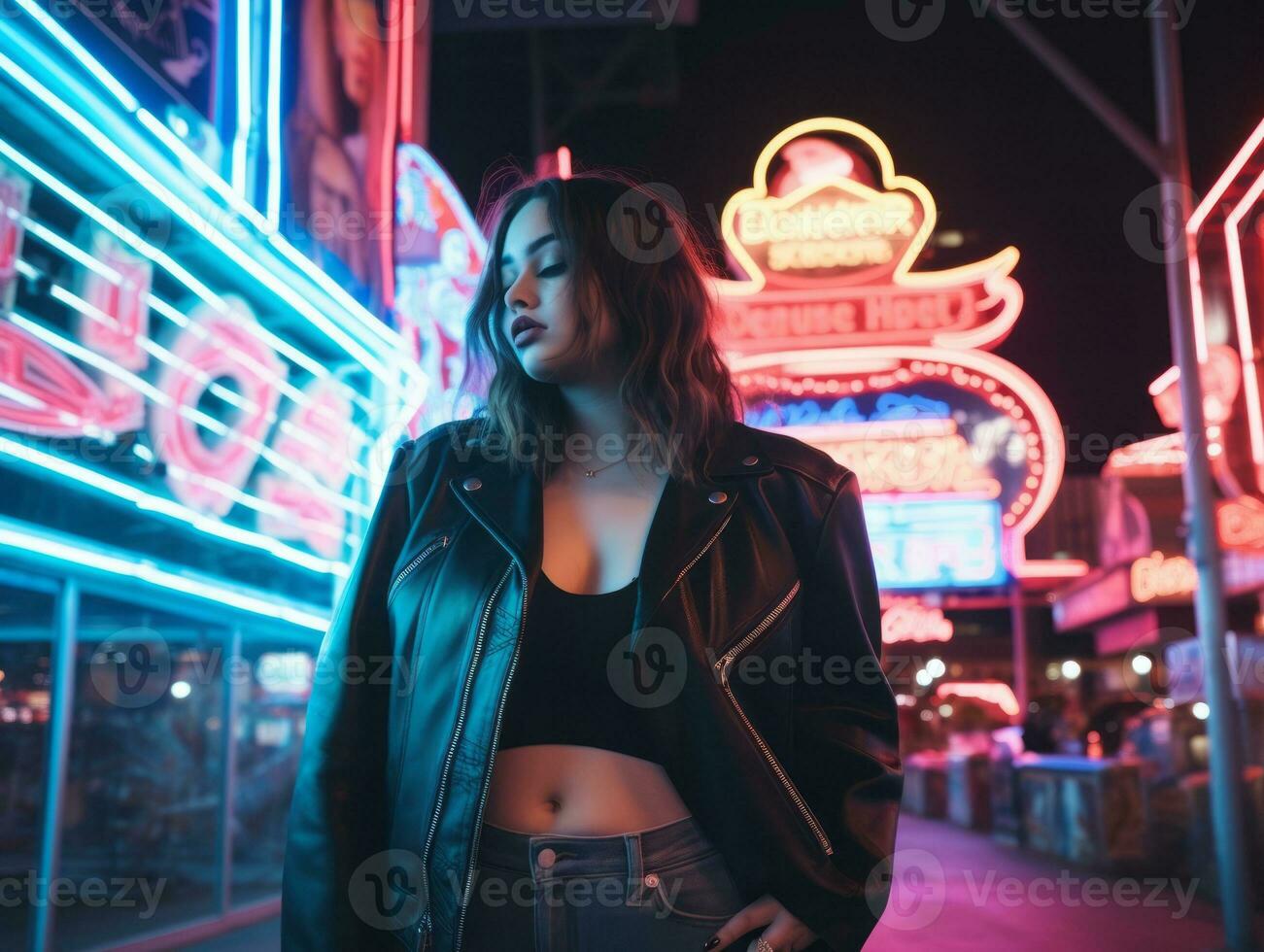 Plus size woman walking confidently through the vibrant neon lit streets AI Generative photo
