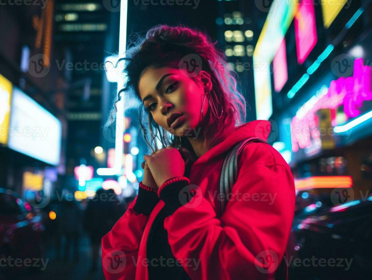 Plus size woman walking confidently through the vibrant neon lit streets AI Generative photo