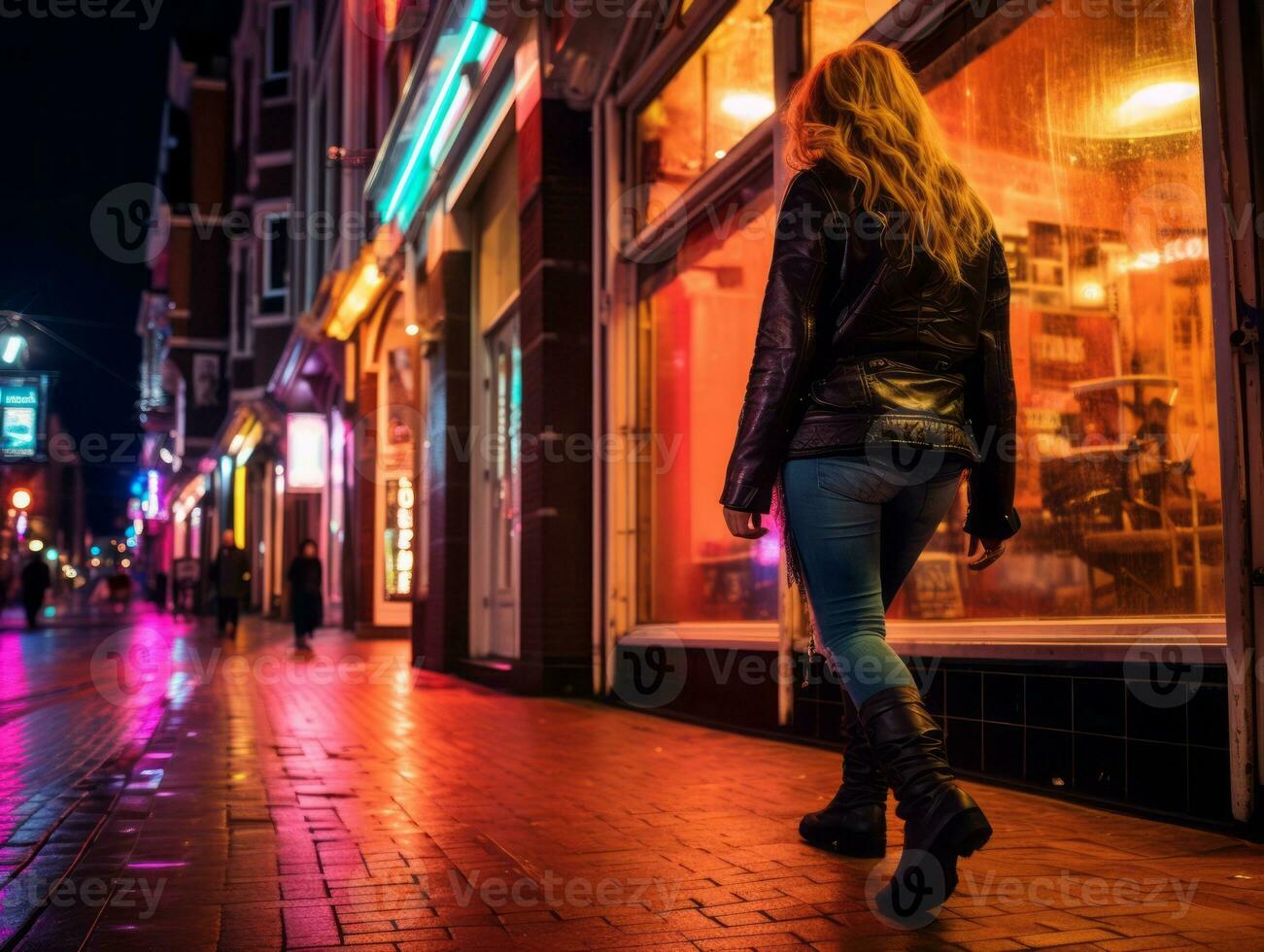Plus size woman walking confidently through the vibrant neon lit streets AI Generative photo