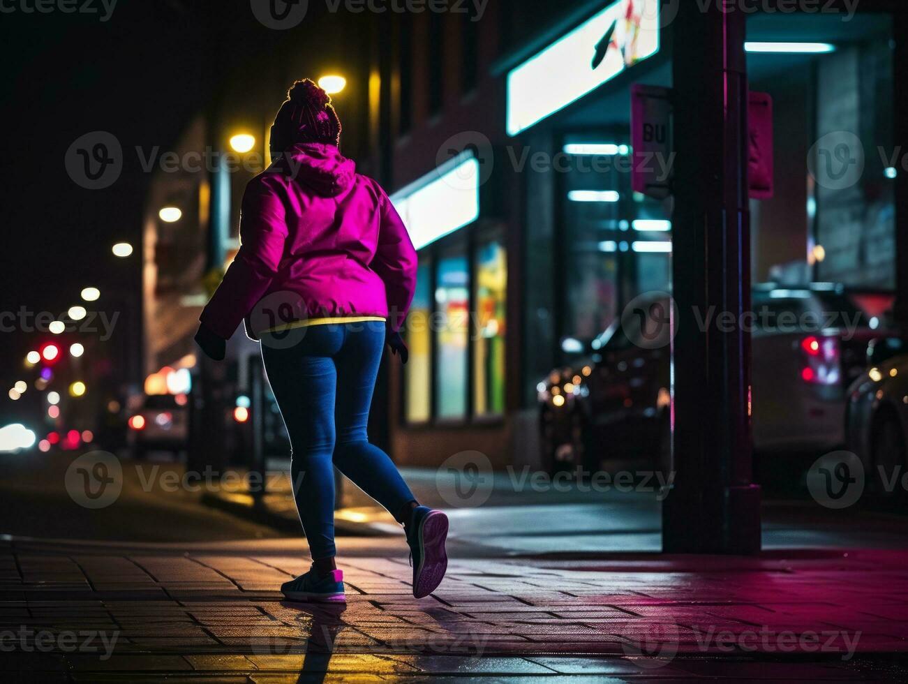 Plus size woman walking confidently through the vibrant neon lit streets AI Generative photo