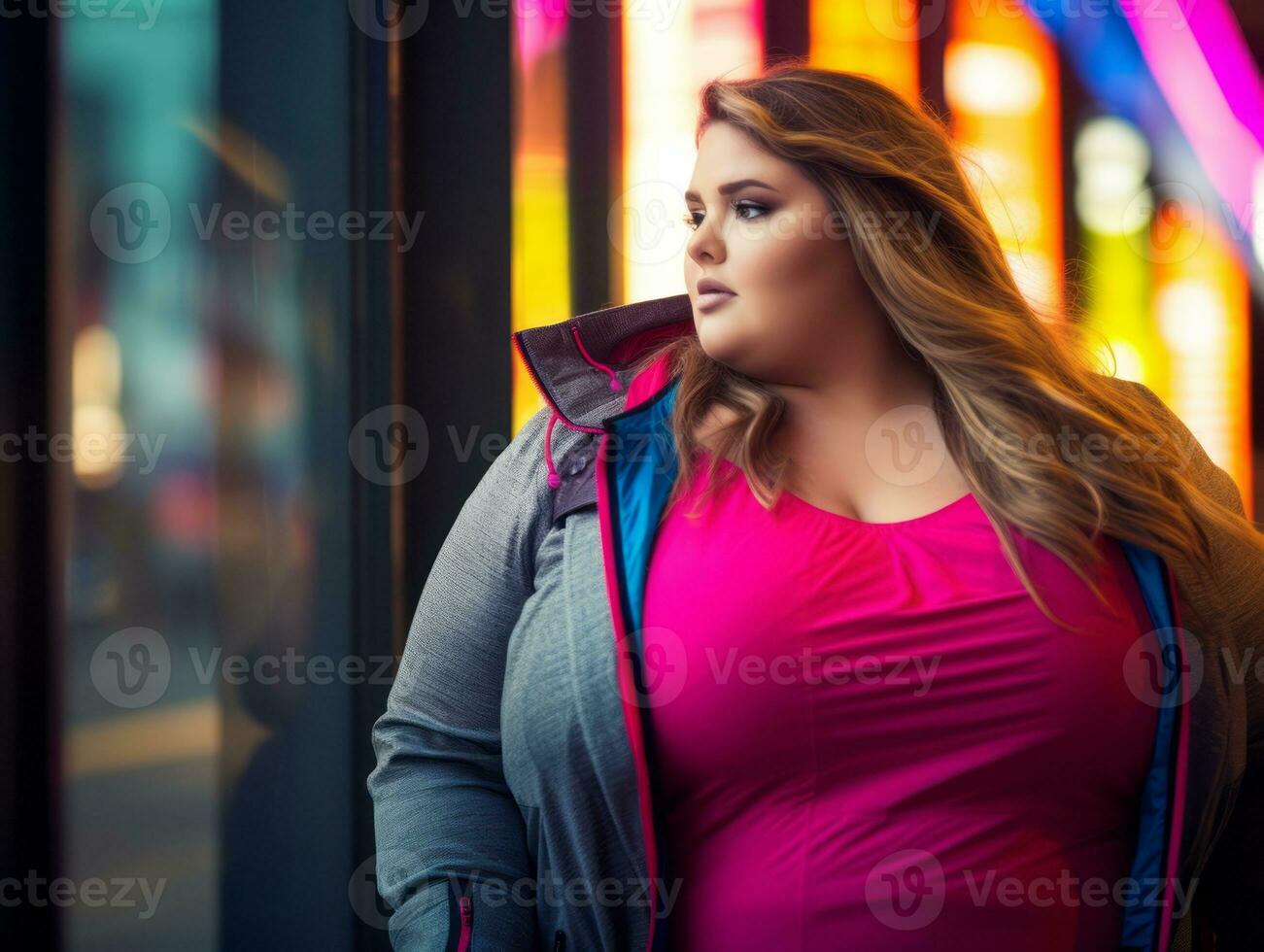 más Talla mujer caminando con confianza mediante el vibrante neón iluminado calles ai generativo foto