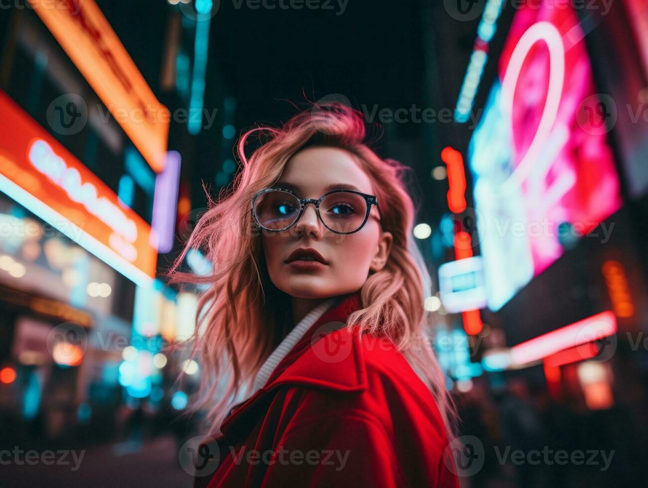 Plus size woman walking confidently through the vibrant neon lit streets AI Generative photo