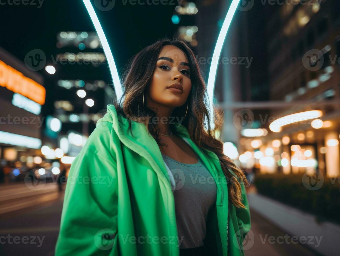 Plus size woman walking confidently through the vibrant neon lit streets AI Generative photo