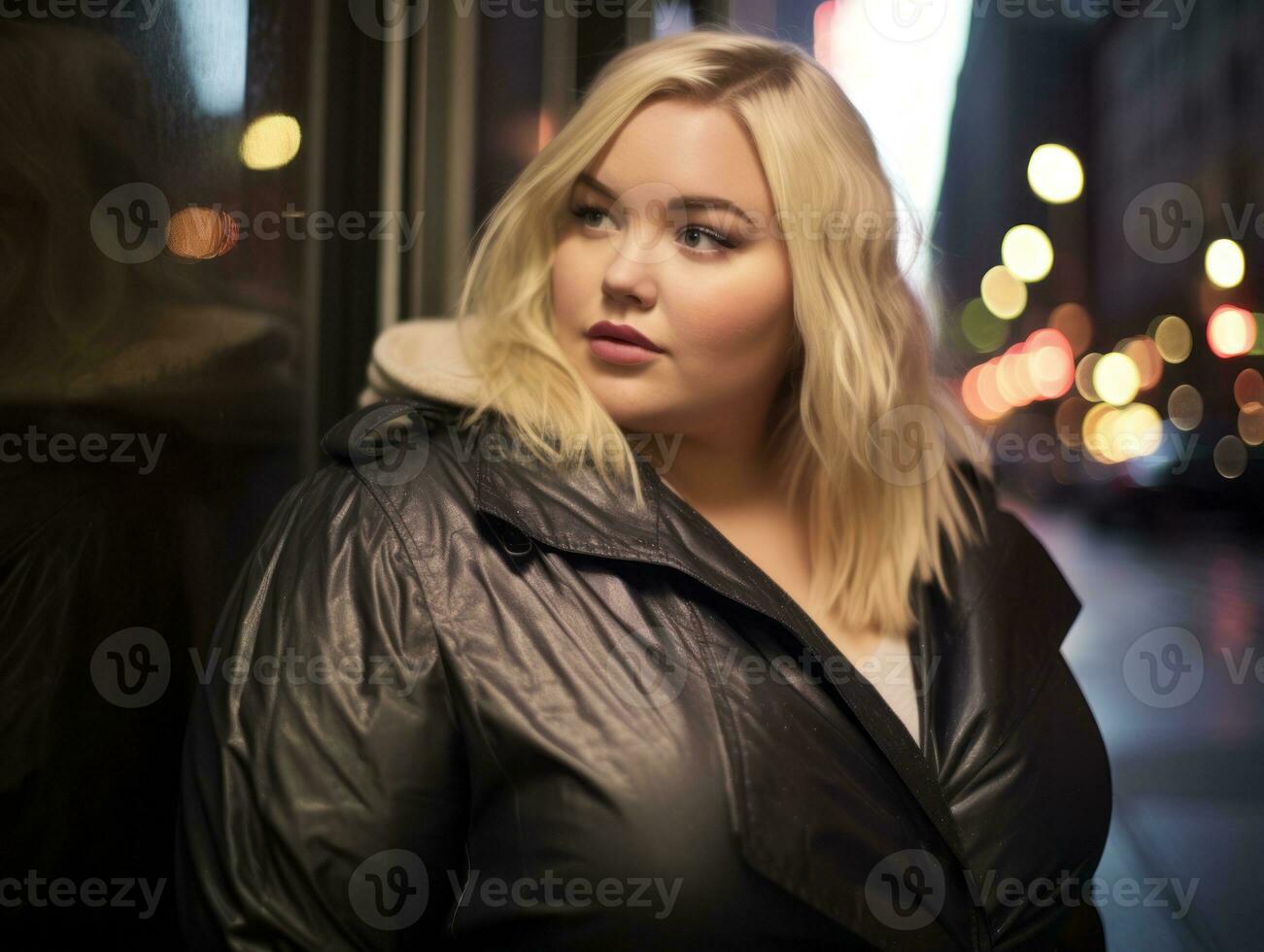 Plus size woman walking confidently through the vibrant neon lit streets AI Generative photo