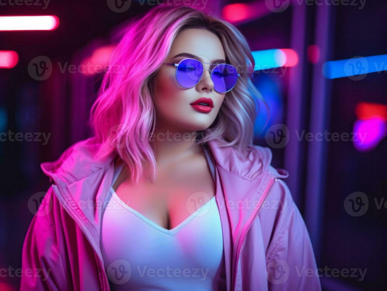 Plus size woman walking confidently through the vibrant neon lit streets AI Generative photo