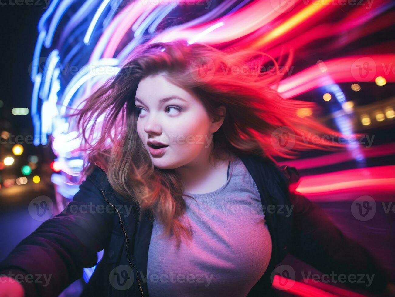 más Talla mujer caminando con confianza mediante el vibrante neón iluminado calles ai generativo foto