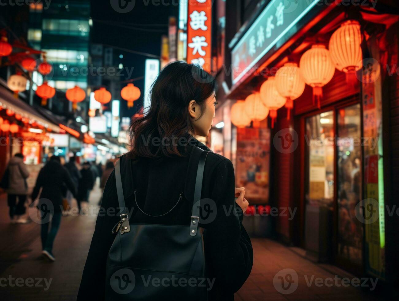 Plus size woman walking confidently through the vibrant neon lit streets AI Generative photo