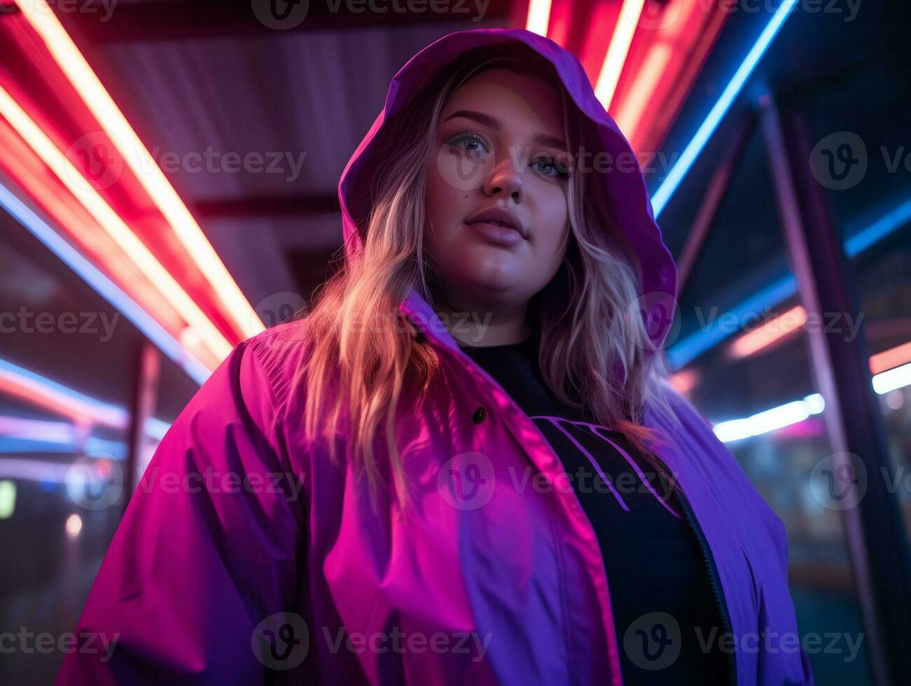 Plus size woman walking confidently through the vibrant neon lit streets AI Generative photo