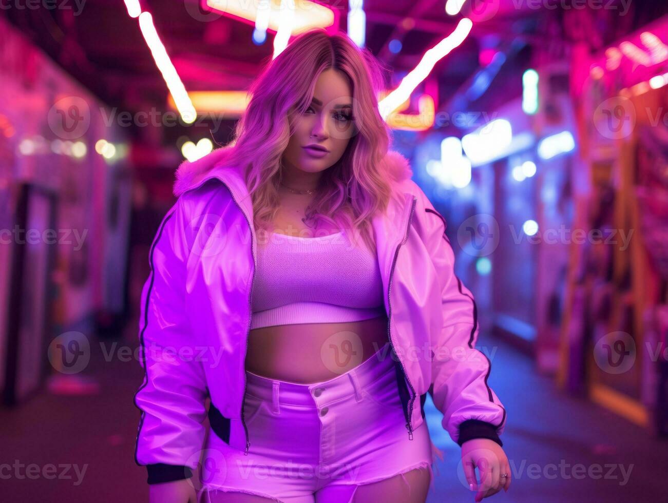 Plus size woman walking confidently through the vibrant neon lit streets AI Generative photo