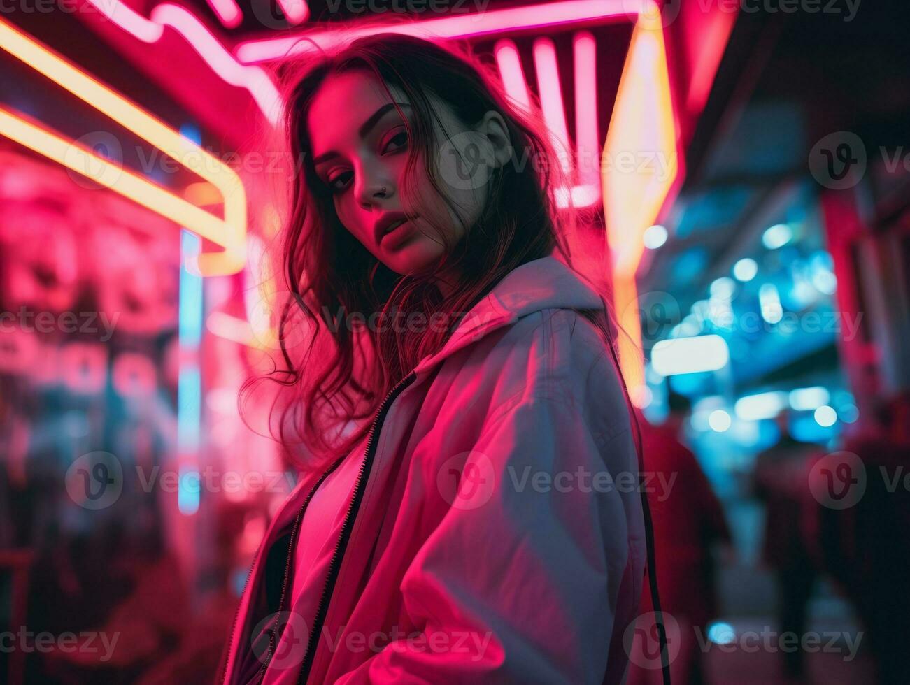 Plus size woman walking confidently through the vibrant neon lit streets AI Generative photo