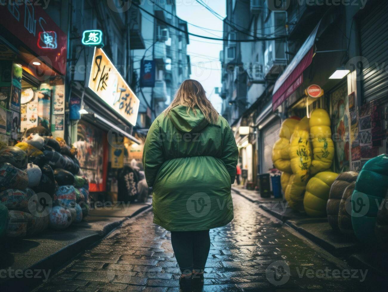 Plus size woman walking confidently through the vibrant neon lit streets AI Generative photo