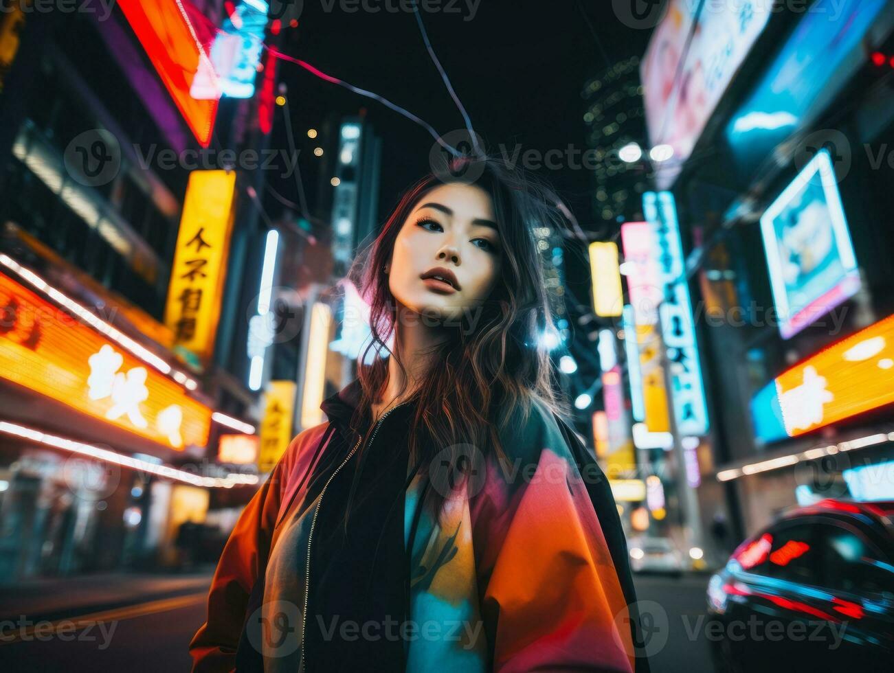 Plus size woman walking confidently through the vibrant neon lit streets AI Generative photo