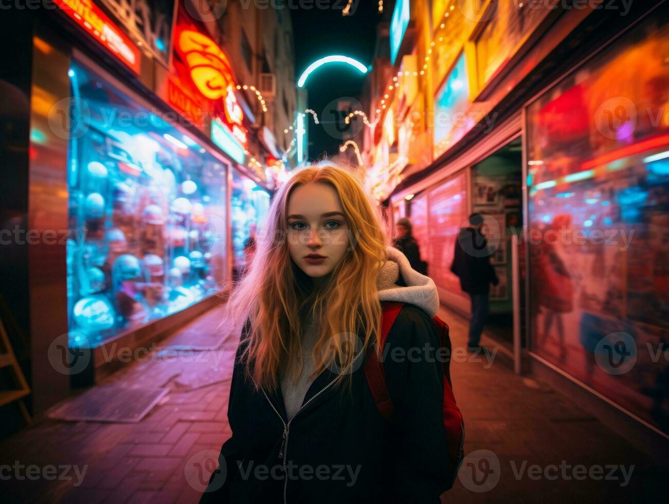 Plus size woman walking confidently through the vibrant neon lit streets AI Generative photo