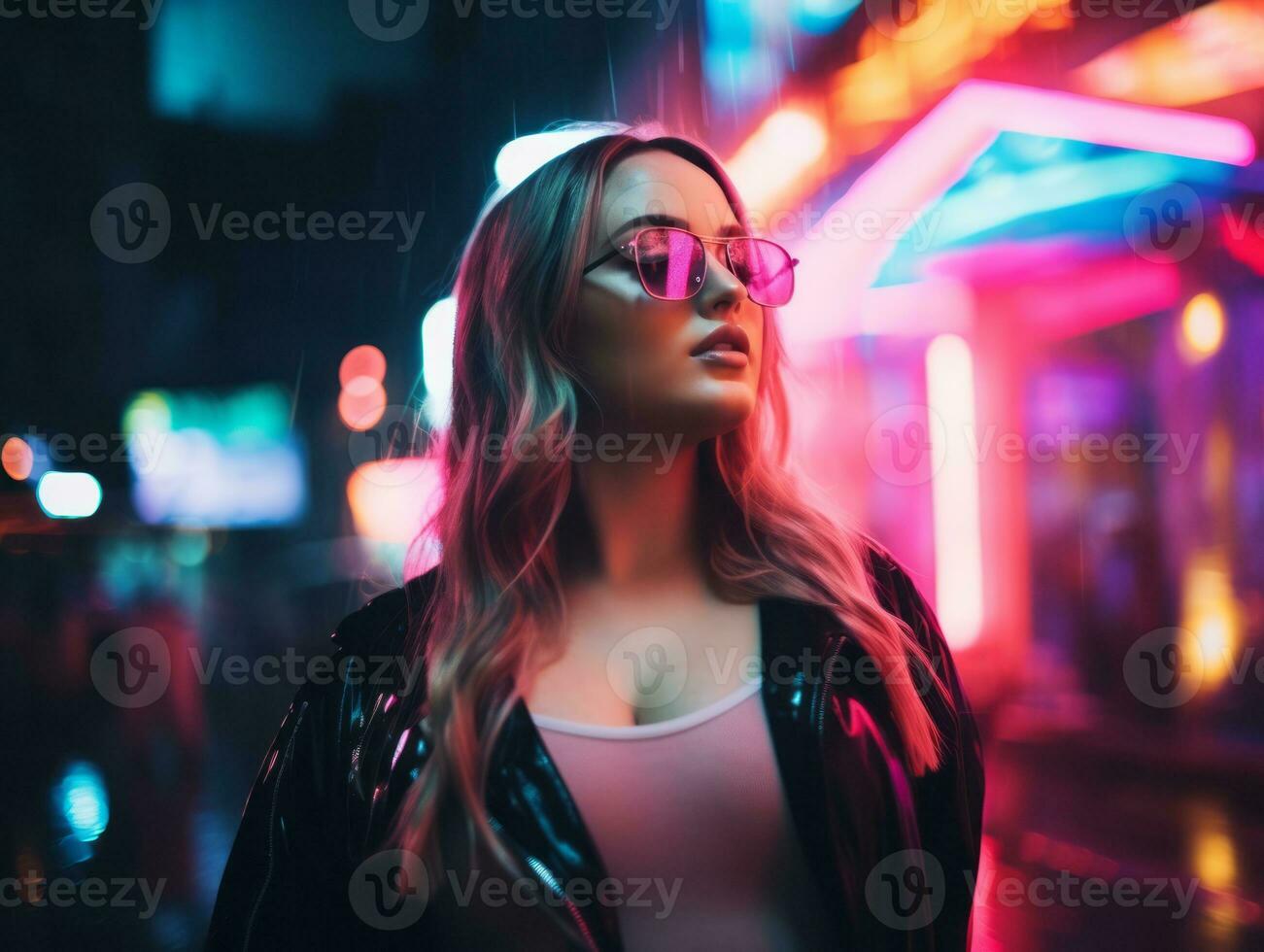 Plus size woman walking confidently through the vibrant neon lit streets AI Generative photo